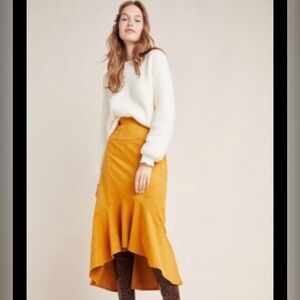 Maeve Anthropologie gold s10P faux suede Flounce Midi High-Low Skirt in gold